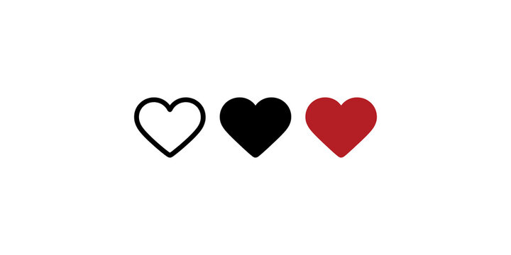 Set of Heart Icons: Outlined, Black, and Red