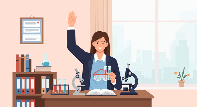 Young female student raising hand in science classroom with microscope and test tubes.