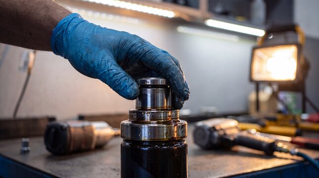 Gloved hand holding greasy auto suspension component