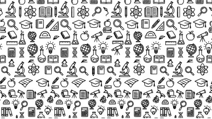 Obraz premium Seamless pattern of science and education icons featuring school and laboratory gear
