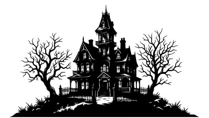 Obraz premium Black silhouette of a scary haunted house with dead trees on a small grassy hill