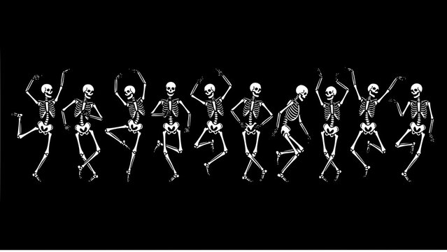 Group of funny skeletons dancing together in a row on a dark black background