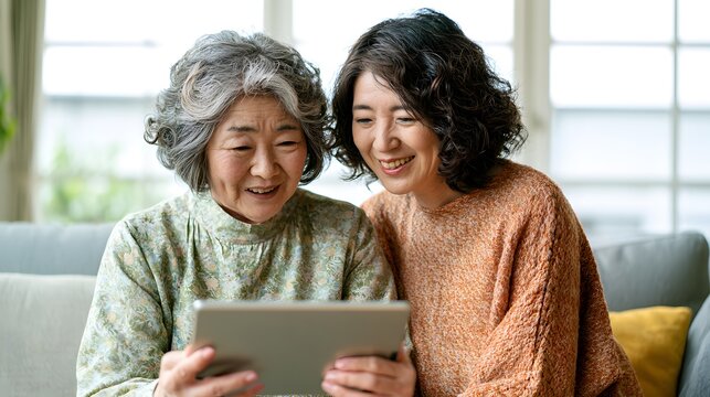 Cheerful mother and adult daughter exploring digital content together