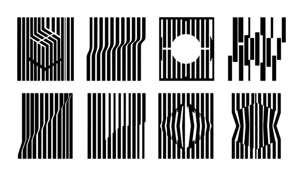Abstract Optical Illusion Graphics, Black and White Op Art Patterns, Modern Geometric Shapes, Minimalist Line Art Elements