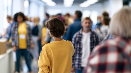 Fototapeta premium A person in a yellow shirt stands among a crowd of people in an indoor space with bright lighting