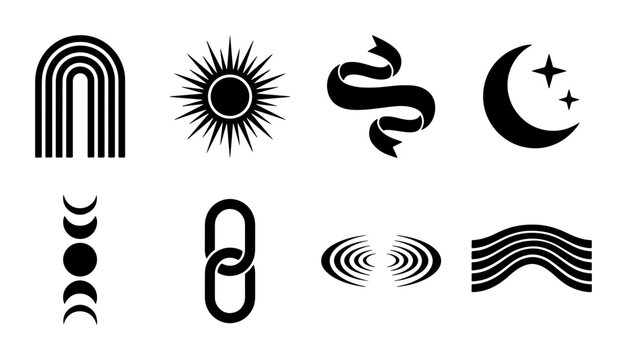 Boho Abstract Icons Set, Minimalist Sun, Moon, Rainbow, Waves, Link, Ribbons, Geometric Shapes