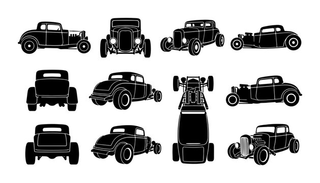 Retro Hot Rod Car Silhouettes, Vintage Coupe Vector Set, Classic Automobile Icons