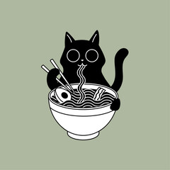 Cute black cat eating ramen noodles with chopsticks vector illustration © helenreveur