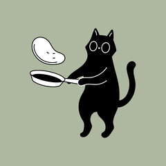 Cute black cat flipping a pancake in a frying pan vector illustration © helenreveur