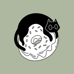 Cute black cat holding a frosted donut vector illustration © helenreveur