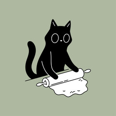 Cute black cat rolling dough with a rolling pin vector illustration © helenreveur