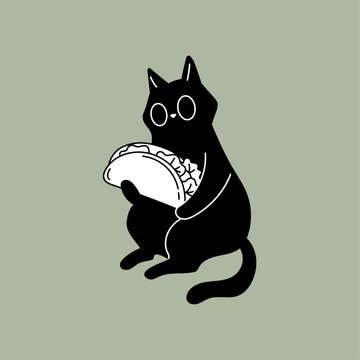 Cute black cat holding and eating a large taco vector illustration
