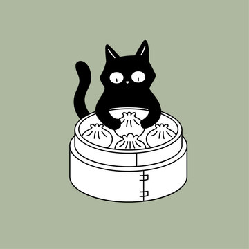 Cute black cat eating dim sum dumplings in bamboo steamer vector