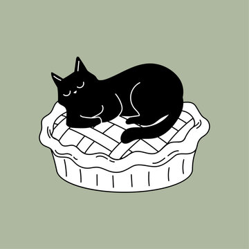 Cute black cat sleeping on a freshly baked pie vector illustration