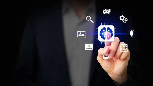 AI Tools, Generative AI Assistant Concept. Professional Interacting with AI Tools on a Virtual Screen. Digital Automation, Content Generation, AI in Text, Video, Music, Code, Events, Schedule.4K Video