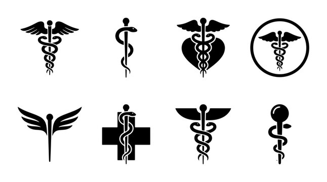 Medical Caduceus Symbols, Asclepius Rod Icons, Healthcare Vector Graphics, Pharmacy and Medicine Signs