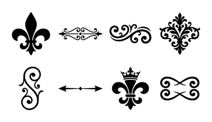 Ornate Flourish Vector Elements, Decorative Swirls, Royal Fleur de Lis, Elegant Borders © Tanvir