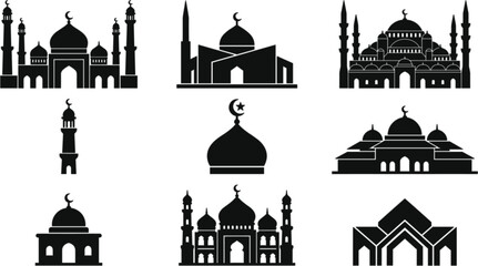 Islamic mosque vector icon set with traditional building silhouette dome minaret and crescent moon ramadan eid holiday symbols © Dulal creation 