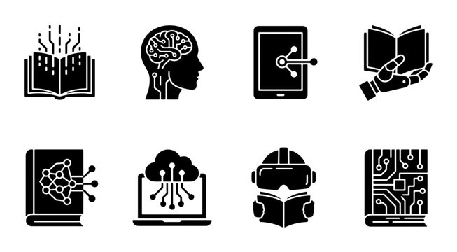 AI and Technology Icons: Brain, VR, Cloud, Digital Books, Data Network
