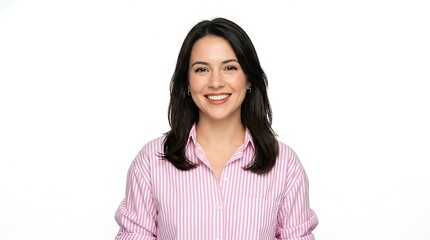 Fototapeta premium Smiling young woman wearing a pink and white striped shirt isolated on white background