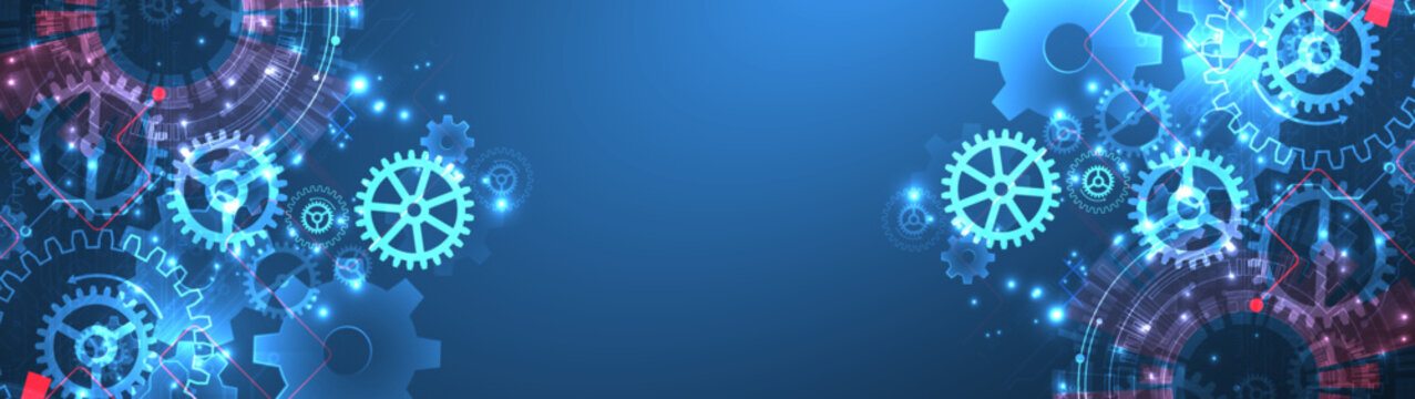 Abstract scientific background with mechanical gears cogs and glowing geometric circles