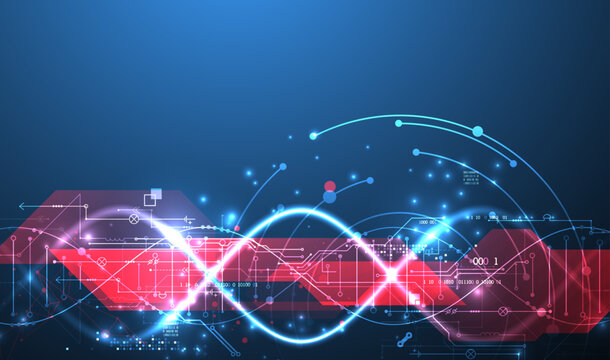 Futuristic digital DNA background with neon molecule structure. Vector