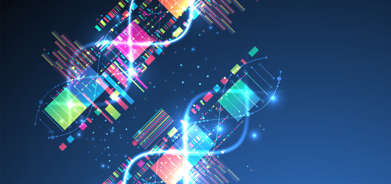 Futuristic digital DNA background with neon molecule structure. Vector