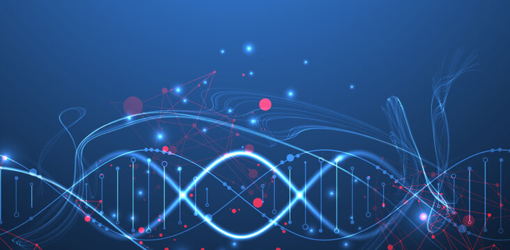 Futuristic biotechnology background with a glowing neon DNA. Vector