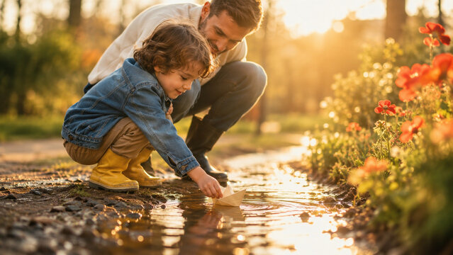 Father and child playing with paper boat outdoors