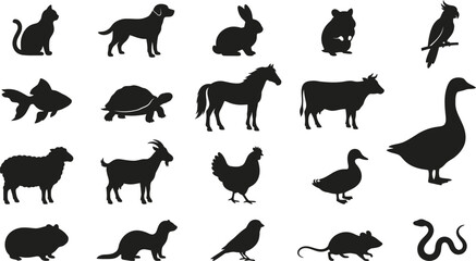 Obraz premium Set of black animal silhouettes including dog cat horse bird farm livestock and wild creatures in simple graphic flat design style for educational and creative projects