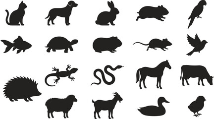 Obraz premium Set of black silhouettes of different domestic animals and pets including cat dog rabbit bird fish turtle horse pig and goat isolated as graphic icons for design projects