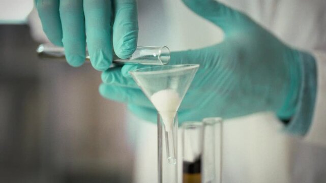 Scientist carefully filters liquid sample with precise laboratory equipment during controlled experiment, using specialized tools and glassware to ensure accurate results and a methodical atmosphere
