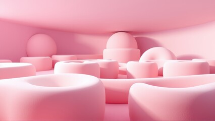 Fototapeta premium Pink abstract shapes fill space. Soft lighting creates gentle shadows, minimalist design, modern aesthetic. Smooth surfaces dominate composition.