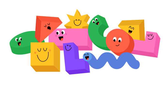 Geometric funny characters with happy emotions. Cute comical creatures with different facial expressions. Vector illustration.