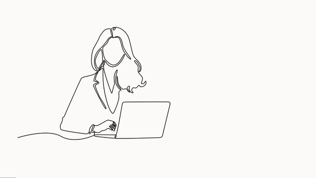 businesswoman using laptop working on computer with black line and white background, full-length one-line animation isolated on white background.