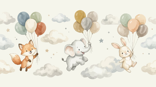Cute Watercolor Animals Floating with Balloons in a Dreamy Sky