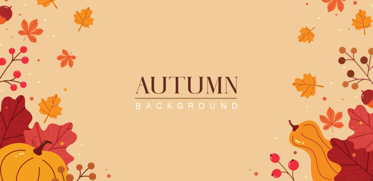 Autumn background banner clipart design. Colorful fall leaves, pumpkin, berries, acorns, and botanical elements for advertising, web, and social media. Vector illustration. 
