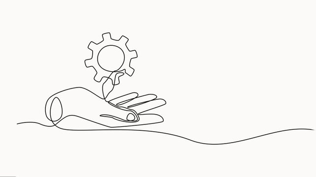 Animated self drawing of continuous line draw of hand holding gears, business concept, tech development, engineering, technology. Full-length one-line animation on white background.