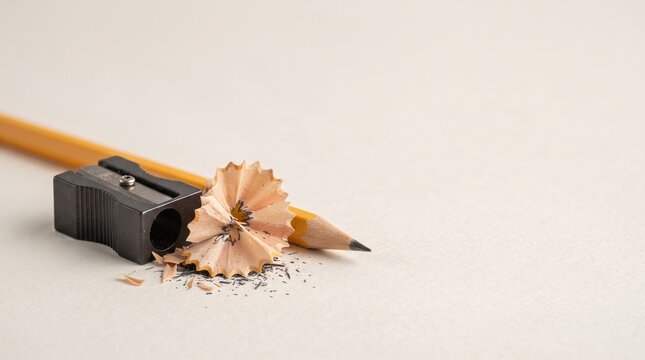 Closeup of black pencil sharpener beside yellow pencil with spiral wood shavings. Soft natural lighting, minimalist composition, neutral beige background