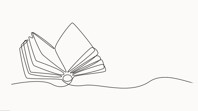 Continuous line drawing of an open book. Hand-drawn one line, Book continuous one line art animation. Line drawing open book video. School education concept, Full length one line video.