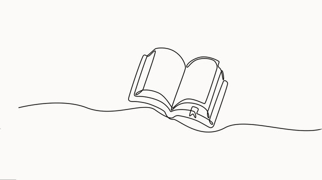 Continuous line drawing of an open book. Hand-drawn one line, Book continuous one line art animation. Line drawing open book video. School education concept, Full length one line video.