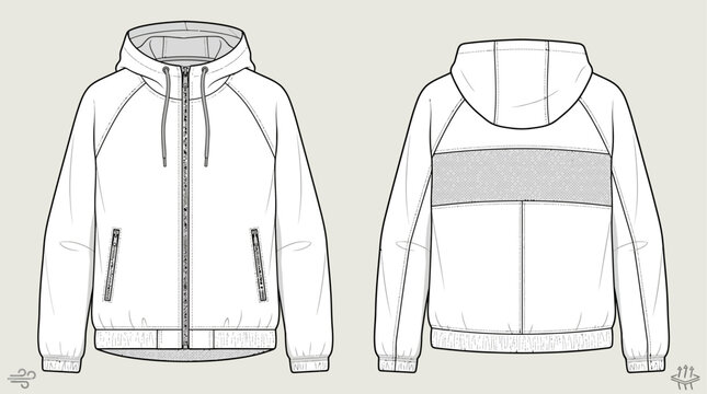 Detailed front and back vector technical drawing of a unisex hooded jacket for fashion design and apparel production, perfect as a flat sketch template for clothing illustration