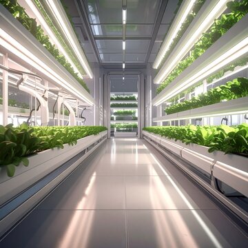 Bright Modern Vertical Farm Corridor with Lush Green Plants
