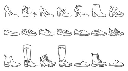 Obraz premium Comprehensive vector collection of men's and women's footwear outlines, showcasing various shoe types for fashion and apparel design projects