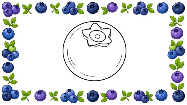 Cute blueberry coloring page with a large black and white blueberry in the center, surrounded by a colorful seamless border of blueberries, berry clusters, and green leaves on a white background.