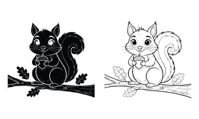 Fototapeta premium Cartoon squirrel holding acorn on tree branch illustration