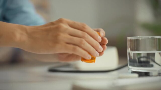 A female patient's hand delicately opens the orange pill bottle, retrieving vitamins as part of a home-based self-medication routine, with a glass of water placed nearby on the table