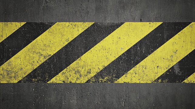 Weathered black and yellow diagonal hazard stripes on textured concrete surface background