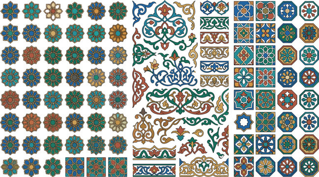 Intricate islamic ornament vector set featuring persian tiles arabesque floral motifs mosaic mandalas traditional middle eastern borders and geometric patterns on white