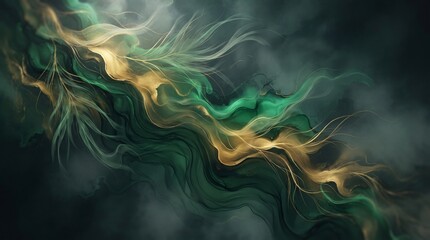 Fototapeta premium Ethereal Flow of Green and Gold Abstract Waves Moving Through Dark Atmospheric Clouds for Modern Elegant Design Background